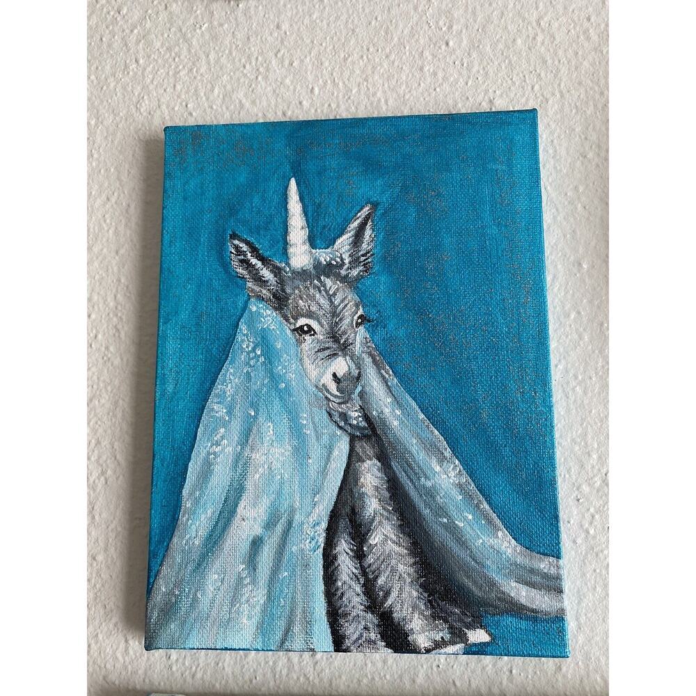 Donkey Unicorn Painting Acrylic Cute Sparkly Room House Decor Blue